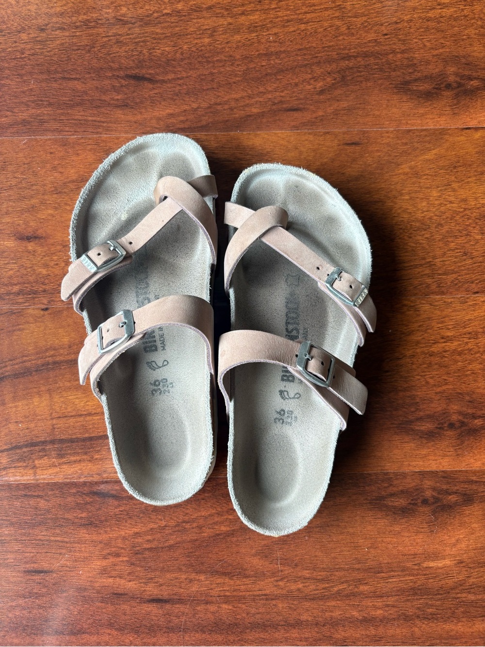 Birkenstock Mayari Sandals - Light Pink Triple Strap with Metal Buckles